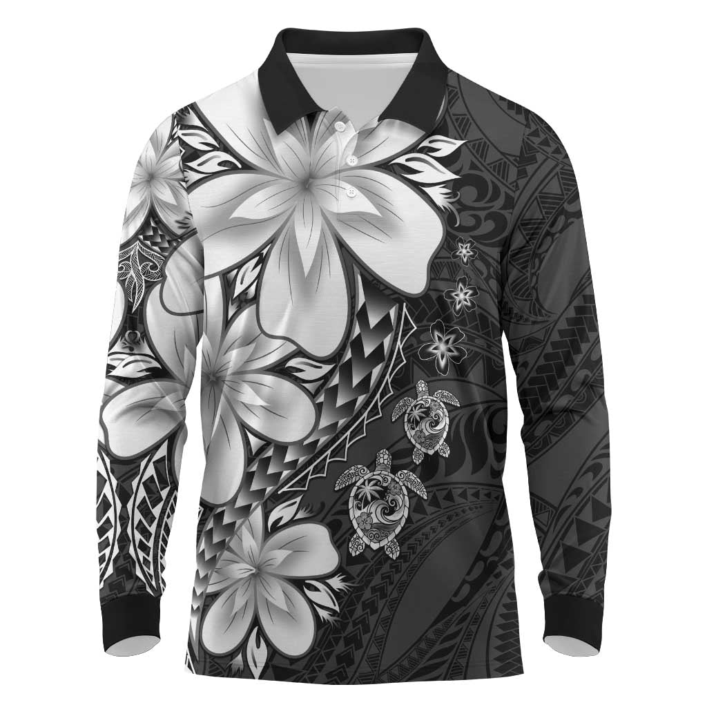 Polynesia Romantic Valentine Long Sleeve Polo Shirt Sea Turtle Couple With Black Plumeria