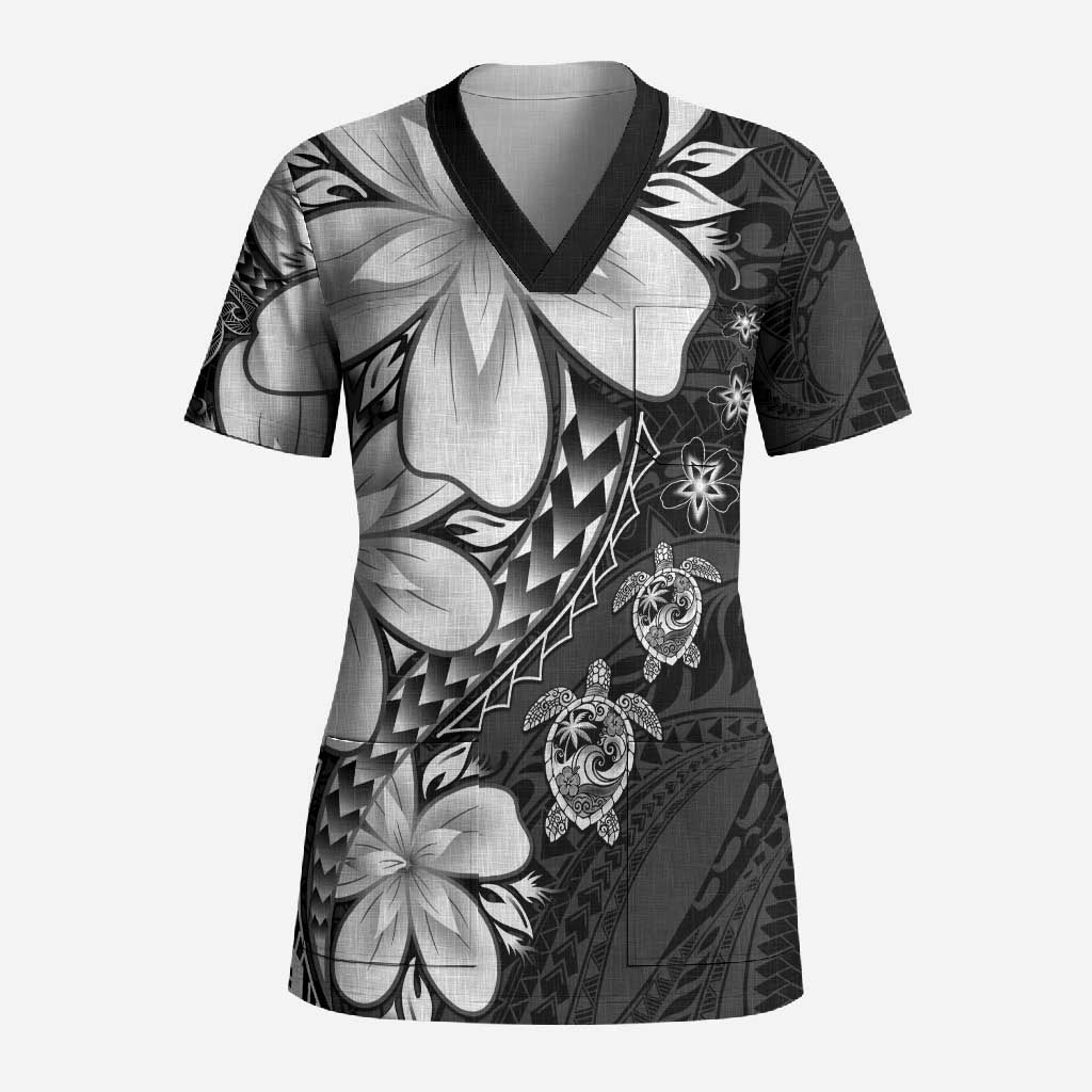 Polynesia Romantic Valentine Scrub Top Sea Turtle Couple With Black Plumeria