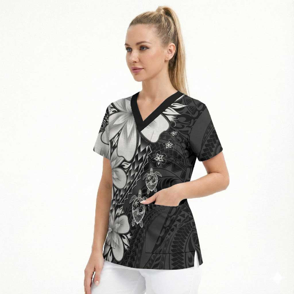 Polynesia Romantic Valentine Scrub Top Sea Turtle Couple With Black Plumeria