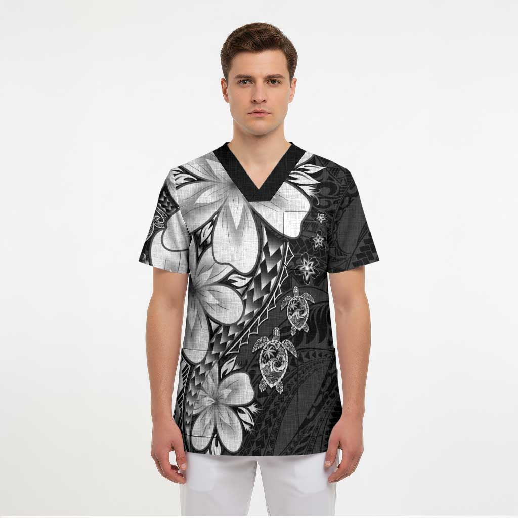 Polynesia Romantic Valentine Scrub Top Sea Turtle Couple With Black Plumeria