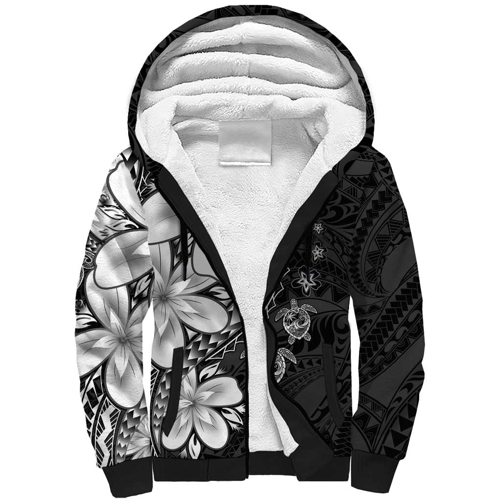 Polynesia Romantic Valentine Sherpa Hoodie Sea Turtle Couple With Black Plumeria