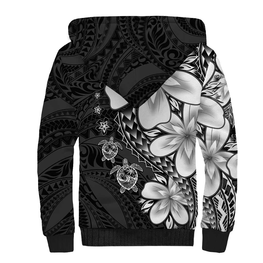 Polynesia Romantic Valentine Sherpa Hoodie Sea Turtle Couple With Black Plumeria