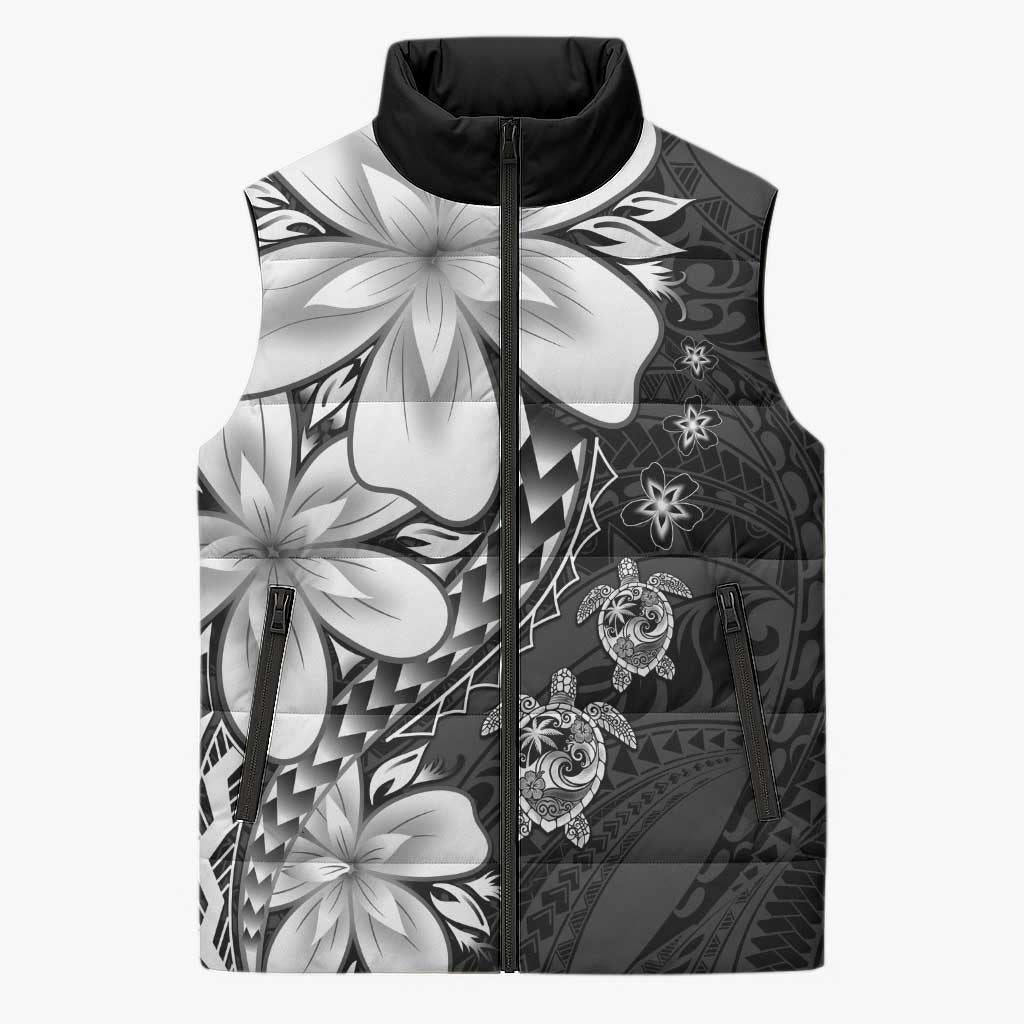 Polynesia Romantic Valentine Sleeveless Puffer Jacket Sea Turtle Couple With Black Plumeria