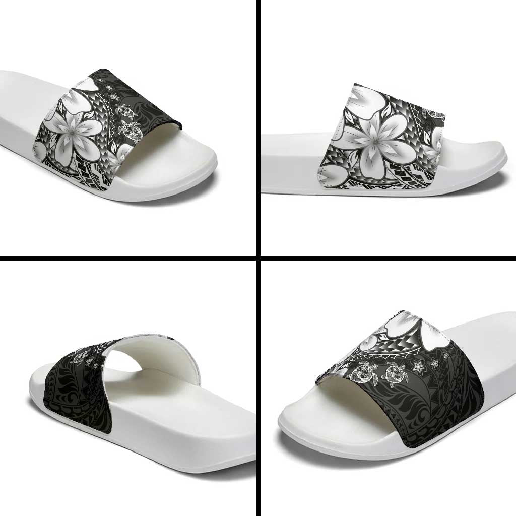 Polynesia Romantic Valentine Slide Sandals Sea Turtle Couple With Black Plumeria