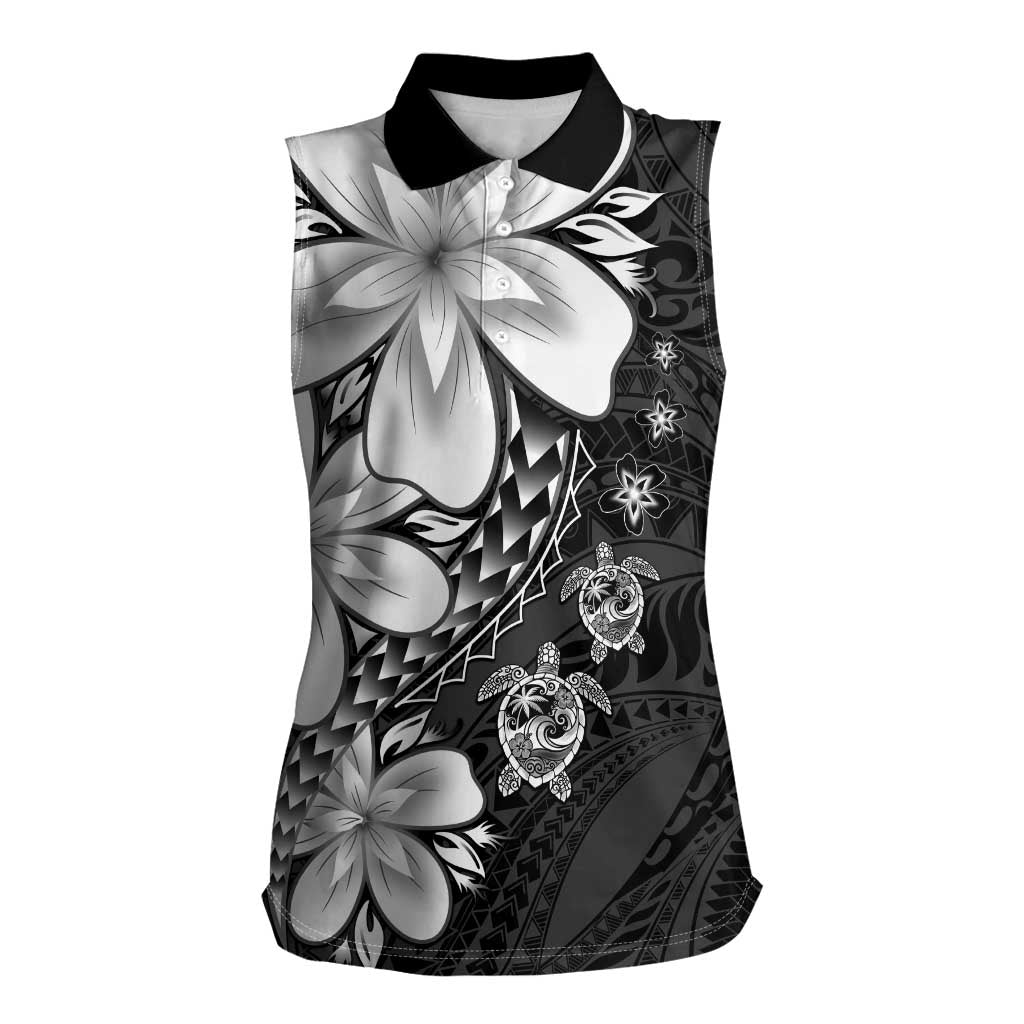 Polynesia Romantic Valentine Women Sleeveless Polo Shirt Sea Turtle Couple With Black Plumeria LT05 Female Black - Polynesian Pride