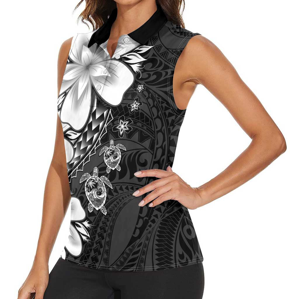 Polynesia Romantic Valentine Women Sleeveless Polo Shirt Sea Turtle Couple With Black Plumeria LT05 - Polynesian Pride