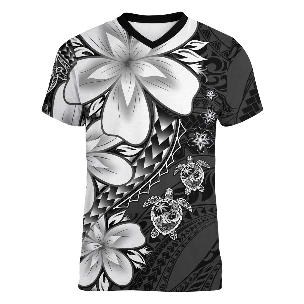 Polynesia Romantic Valentine Women V-Neck T-Shirt Sea Turtle Couple With Black Plumeria LT05 Female Black - Polynesian Pride