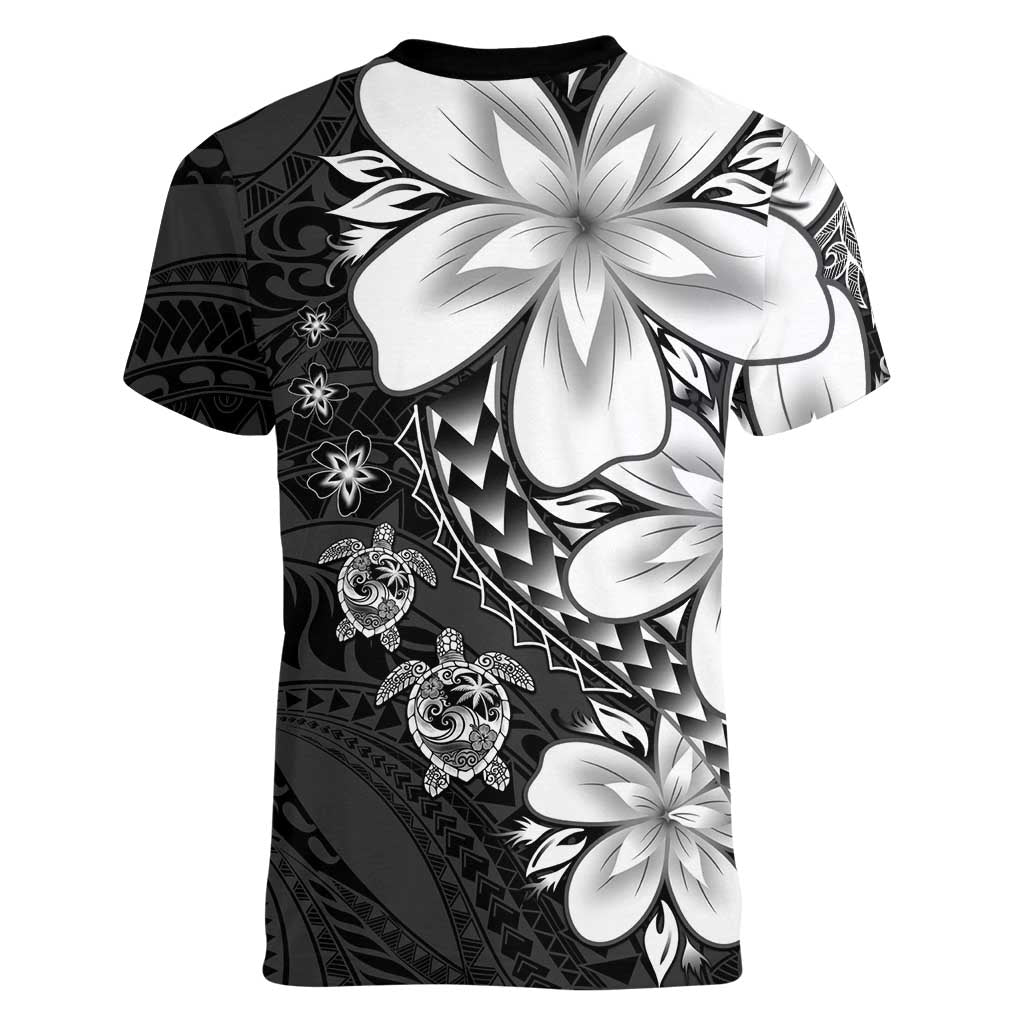 Polynesia Romantic Valentine Women V-Neck T-Shirt Sea Turtle Couple With Black Plumeria LT05 - Polynesian Pride