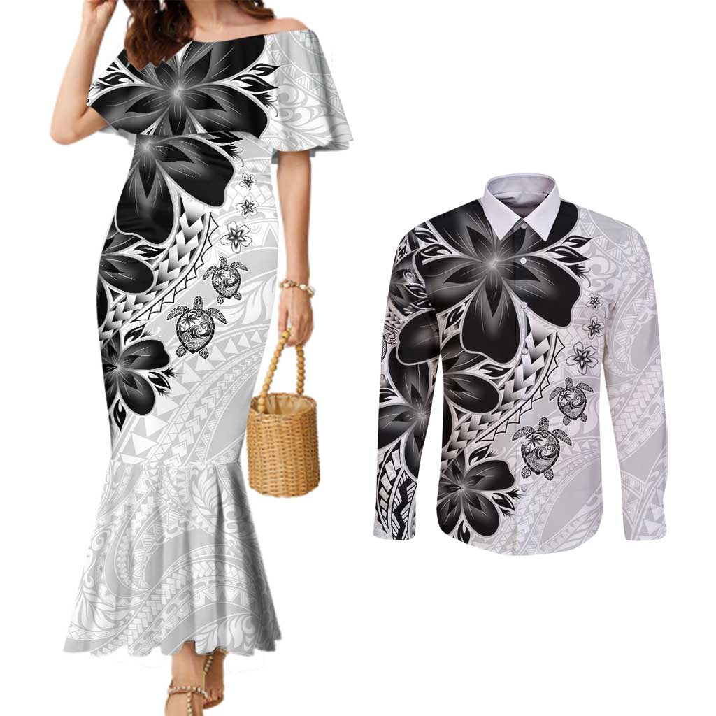Polynesia Romantic Valentine Couples Matching Mermaid Dress and Long Sleeve Button Shirt Sea Turtle Couple With White Plumeria LT05 White - Polynesian Pride