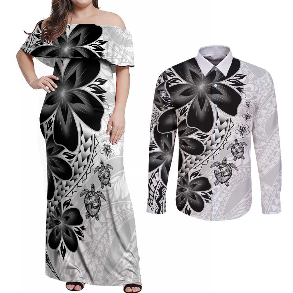 Polynesia Romantic Valentine Couples Matching Off Shoulder Maxi Dress and Long Sleeve Button Shirt Sea Turtle Couple With White Plumeria LT05 White - Polynesian Pride