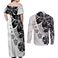 Polynesia Romantic Valentine Couples Matching Off Shoulder Maxi Dress and Long Sleeve Button Shirt Sea Turtle Couple With White Plumeria LT05 - Polynesian Pride
