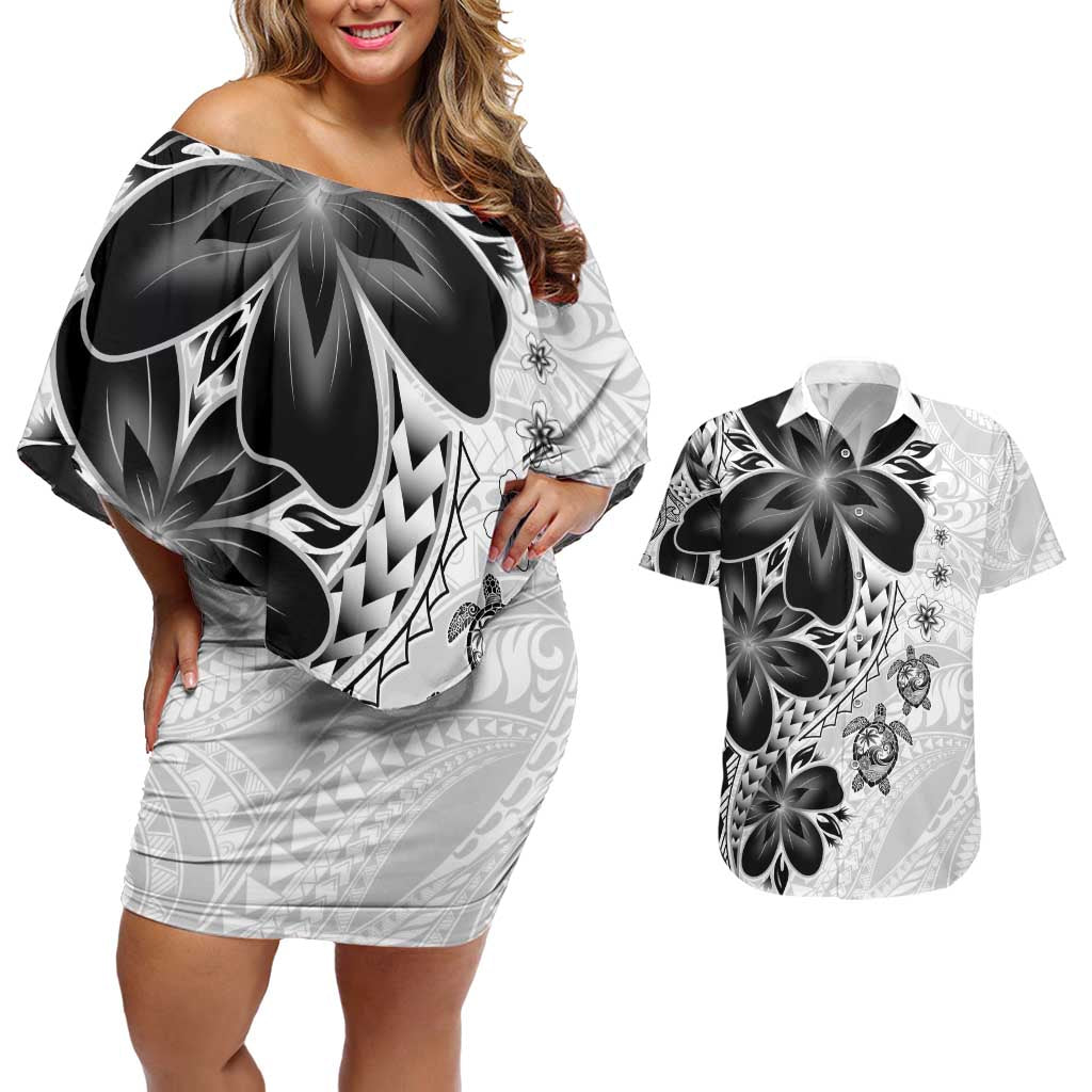Polynesia Romantic Valentine Couples Matching Off Shoulder Short Dress and Hawaiian Shirt Sea Turtle Couple With White Plumeria