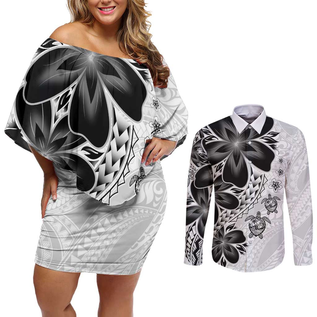 Polynesia Romantic Valentine Couples Matching Off Shoulder Short Dress and Long Sleeve Button Shirt Sea Turtle Couple With White Plumeria LT05 White - Polynesian Pride