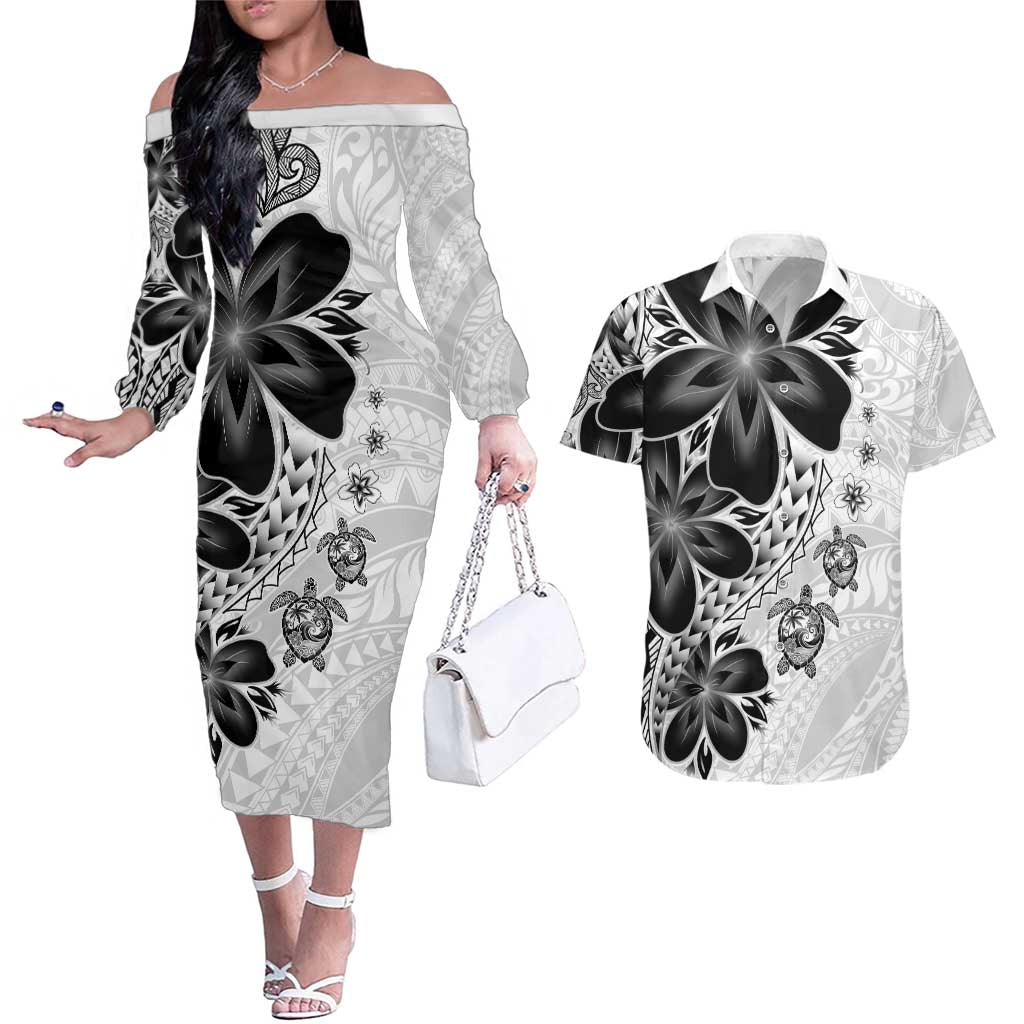 Polynesia Romantic Valentine Couples Matching Off The Shoulder Long Sleeve Dress and Hawaiian Shirt Sea Turtle Couple With White Plumeria LT05 White - Polynesian Pride