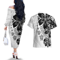 Polynesia Romantic Valentine Couples Matching Off The Shoulder Long Sleeve Dress and Hawaiian Shirt Sea Turtle Couple With White Plumeria LT05 - Polynesian Pride