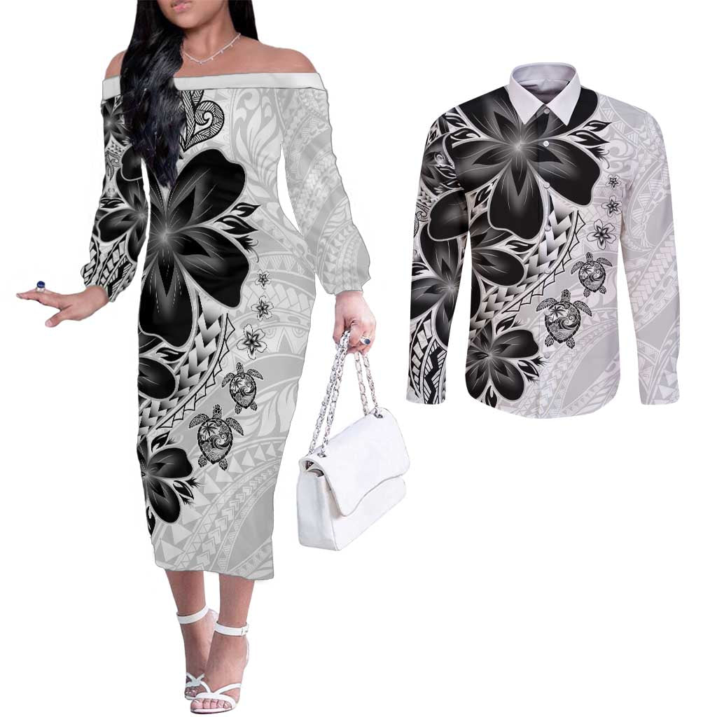 Polynesia Romantic Valentine Couples Matching Off The Shoulder Long Sleeve Dress and Long Sleeve Button Shirt Sea Turtle Couple With White Plumeria LT05 White - Polynesian Pride