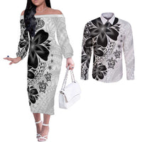 Polynesia Romantic Valentine Couples Matching Off The Shoulder Long Sleeve Dress and Long Sleeve Button Shirt Sea Turtle Couple With White Plumeria LT05 White - Polynesian Pride