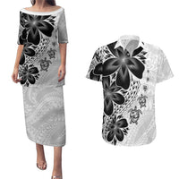 Polynesia Romantic Valentine Couples Matching Puletasi and Hawaiian Shirt Sea Turtle Couple With White Plumeria