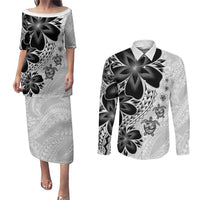Polynesia Romantic Valentine Couples Matching Puletasi and Long Sleeve Button Shirt Sea Turtle Couple With White Plumeria