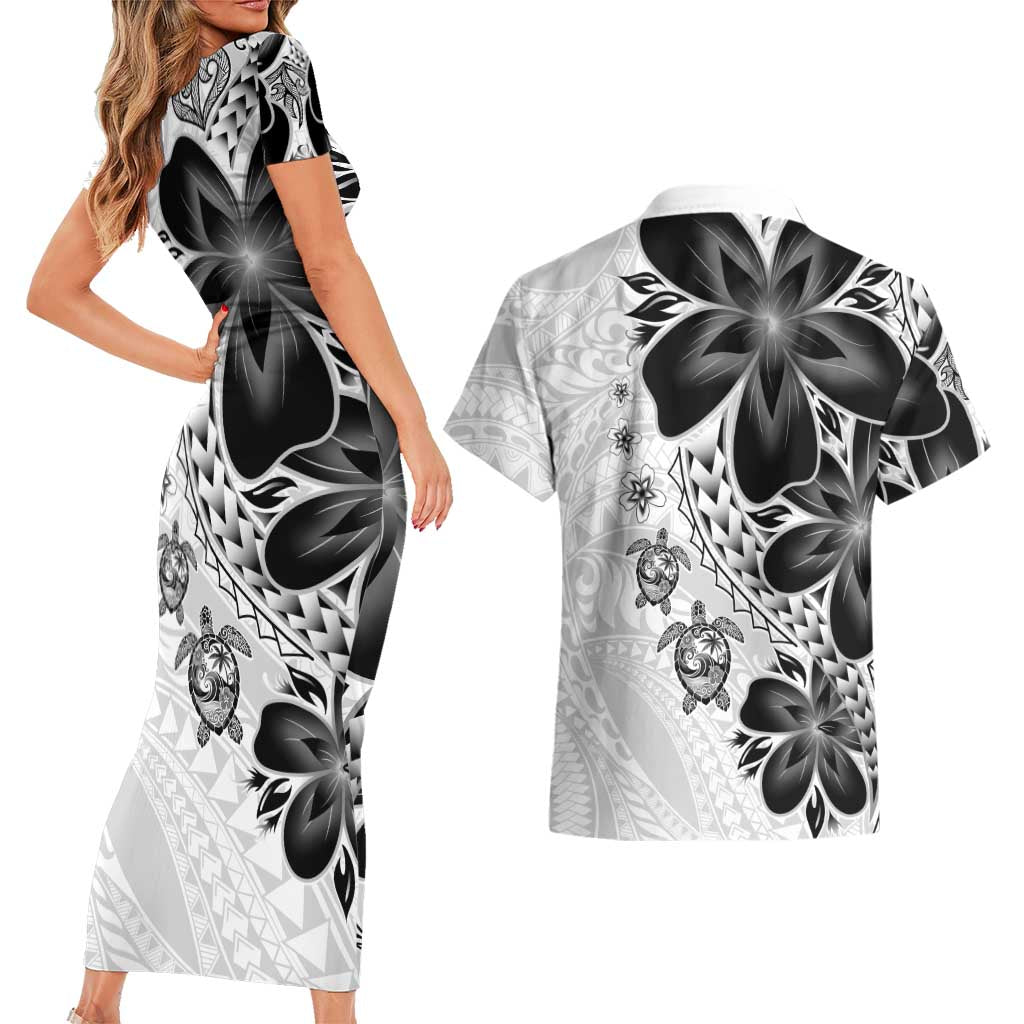 Polynesia Romantic Valentine Couples Matching Short Sleeve Bodycon Dress and Hawaiian Shirt Sea Turtle Couple With White Plumeria LT05 - Polynesian Pride