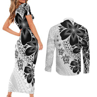 Polynesia Romantic Valentine Couples Matching Short Sleeve Bodycon Dress and Long Sleeve Button Shirt Sea Turtle Couple With White Plumeria LT05 - Polynesian Pride