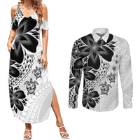 Polynesia Romantic Valentine Couples Matching Summer Maxi Dress and Long Sleeve Button Shirt Sea Turtle Couple With White Plumeria