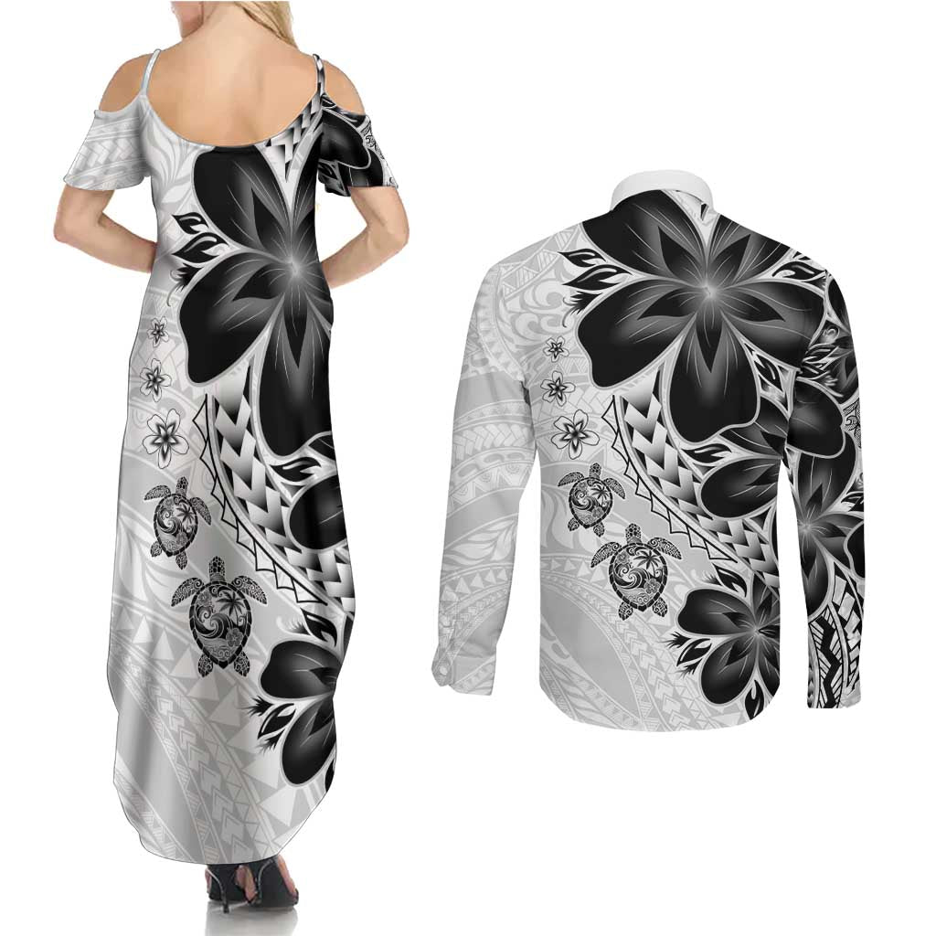 Polynesia Romantic Valentine Couples Matching Summer Maxi Dress and Long Sleeve Button Shirt Sea Turtle Couple With White Plumeria