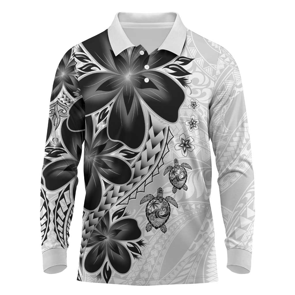 Polynesia Romantic Valentine Long Sleeve Polo Shirt Sea Turtle Couple With White Plumeria LT05 White - Polynesian Pride