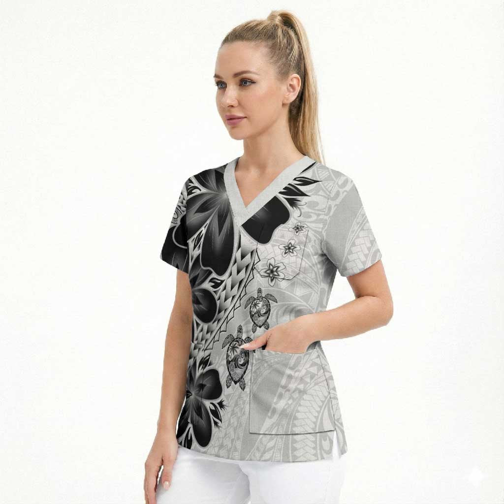 Polynesia Romantic Valentine Scrub Top Sea Turtle Couple With White Plumeria