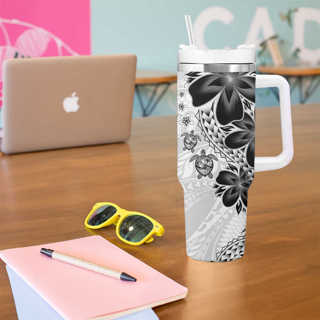 Polynesia Romantic Valentine Tumbler With Handle Sea Turtle Couple With White Plumeria