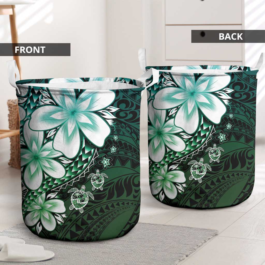 Polynesia Romantic Valentine Laundry Basket Sea Turtle Couple With Aqua Gradient Plumeria