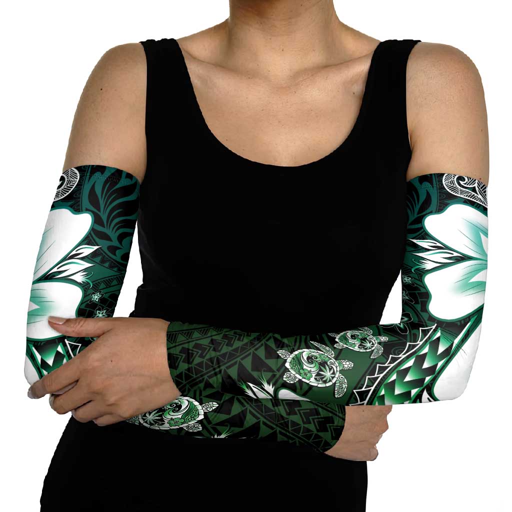 Polynesia Romantic Valentine Arm Sleeves Sea Turtle Couple With Aqua Gradient Plumeria