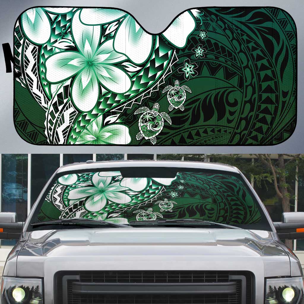 Polynesia Romantic Valentine Auto Sun Shade Sea Turtle Couple With Aqua Gradient Plumeria