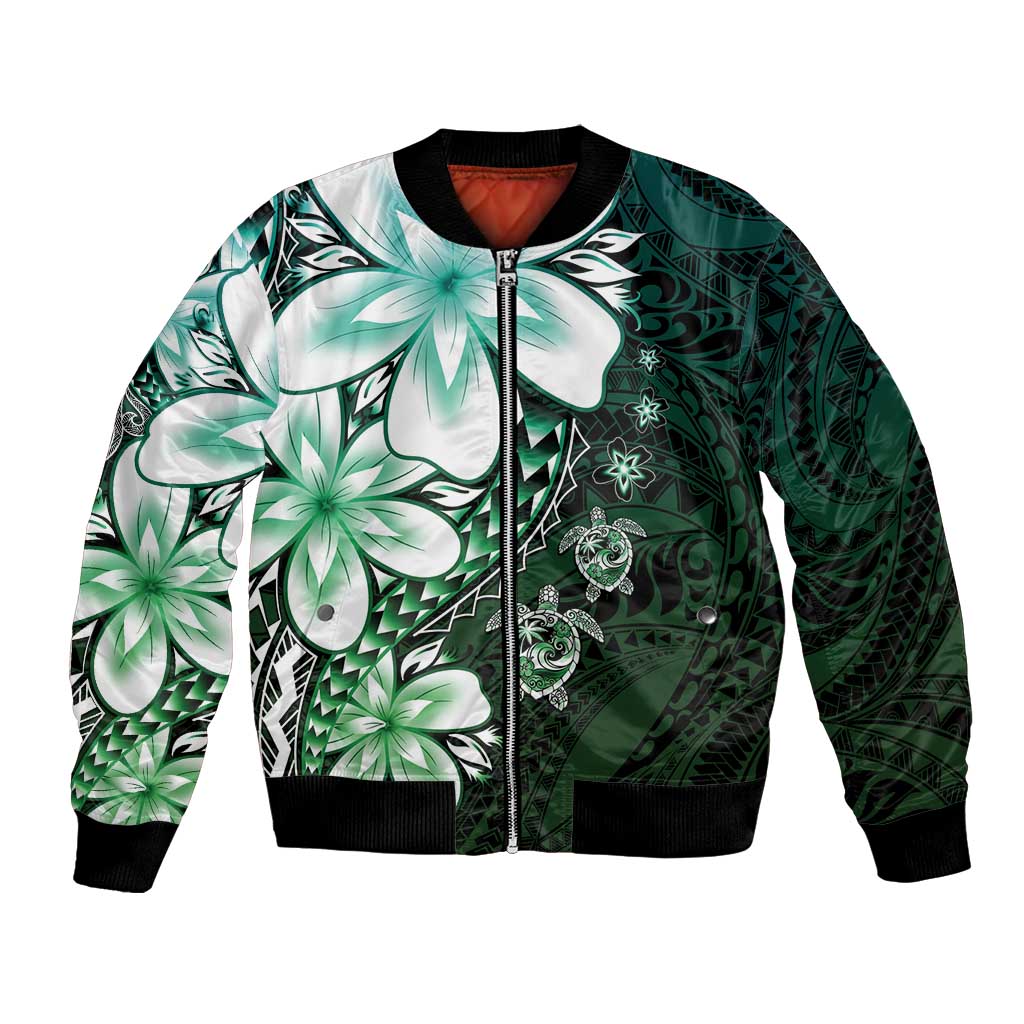 Polynesia Romantic Valentine Bomber Jacket Sea Turtle Couple With Aqua Gradient Plumeria