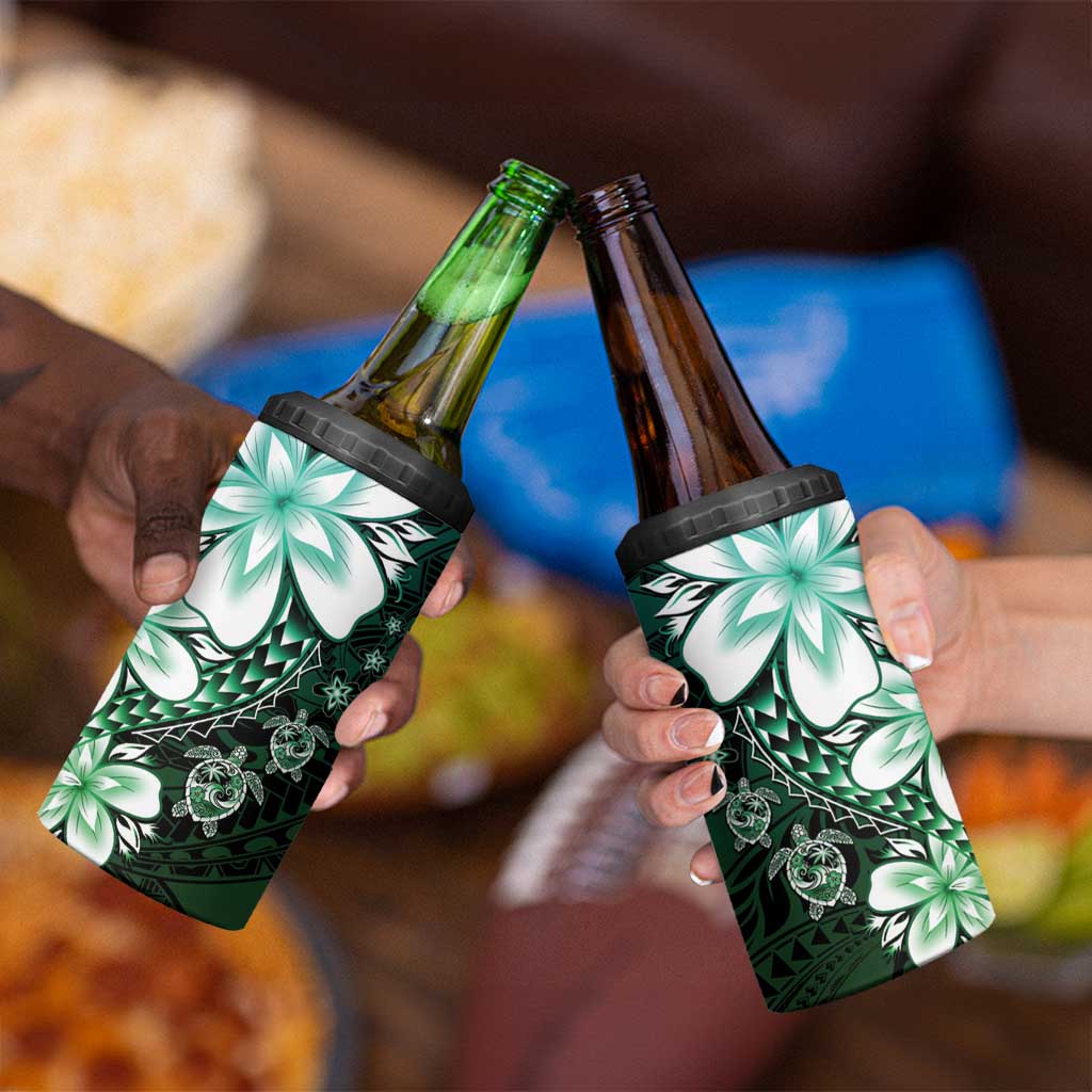 Polynesia Romantic Valentine 4 in 1 Can Cooler Tumbler Sea Turtle Couple With Aqua Gradient Plumeria