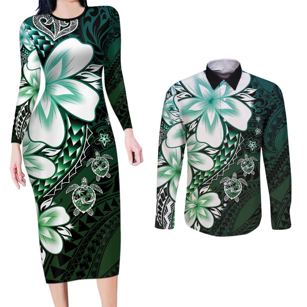 Polynesia Romantic Valentine Couples Matching Long Sleeve Bodycon Dress and Long Sleeve Button Shirt Sea Turtle Couple With Aqua Gradient Plumeria