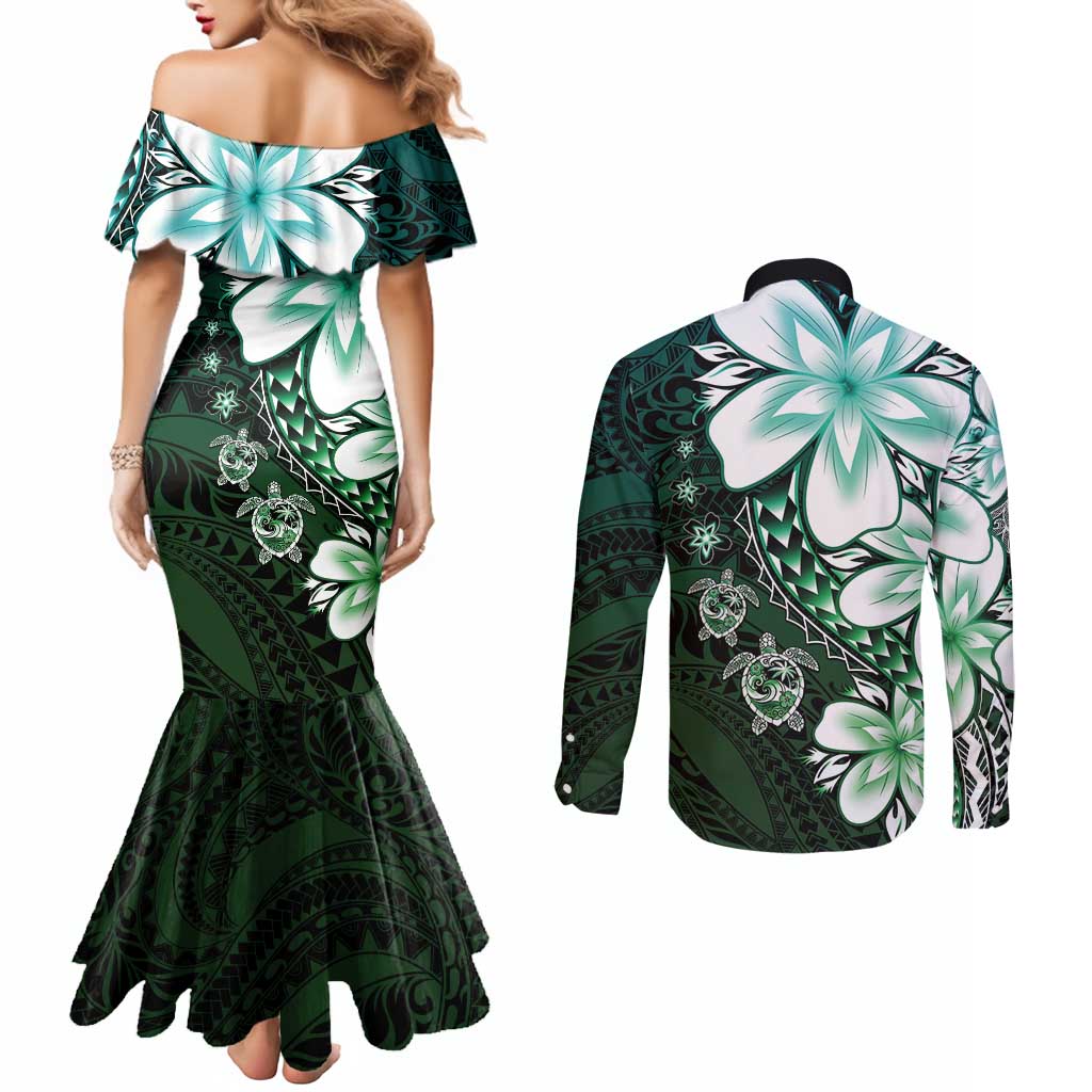 Polynesia Romantic Valentine Couples Matching Mermaid Dress and Long Sleeve Button Shirt Sea Turtle Couple With Aqua Gradient Plumeria LT05 - Polynesian Pride