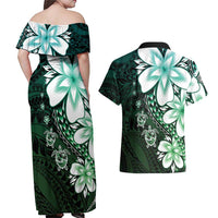 Polynesia Romantic Valentine Couples Matching Off Shoulder Maxi Dress and Hawaiian Shirt Sea Turtle Couple With Aqua Gradient Plumeria LT05 - Polynesian Pride