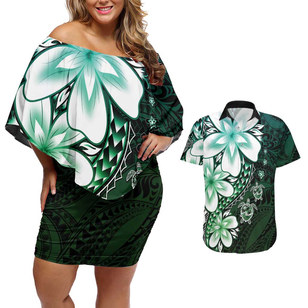 Polynesia Romantic Valentine Couples Matching Off Shoulder Short Dress and Hawaiian Shirt Sea Turtle Couple With Aqua Gradient Plumeria LT05 Aqua - Polynesian Pride