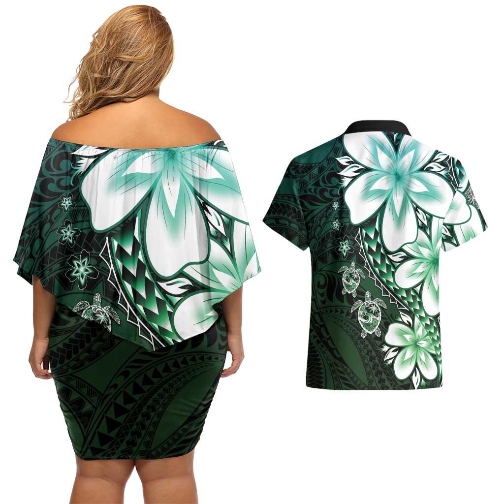 Polynesia Romantic Valentine Couples Matching Off Shoulder Short Dress and Hawaiian Shirt Sea Turtle Couple With Aqua Gradient Plumeria LT05 - Polynesian Pride