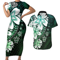 Polynesia Romantic Valentine Couples Matching Short Sleeve Bodycon Dress and Hawaiian Shirt Sea Turtle Couple With Aqua Gradient Plumeria LT05 Aqua - Polynesian Pride