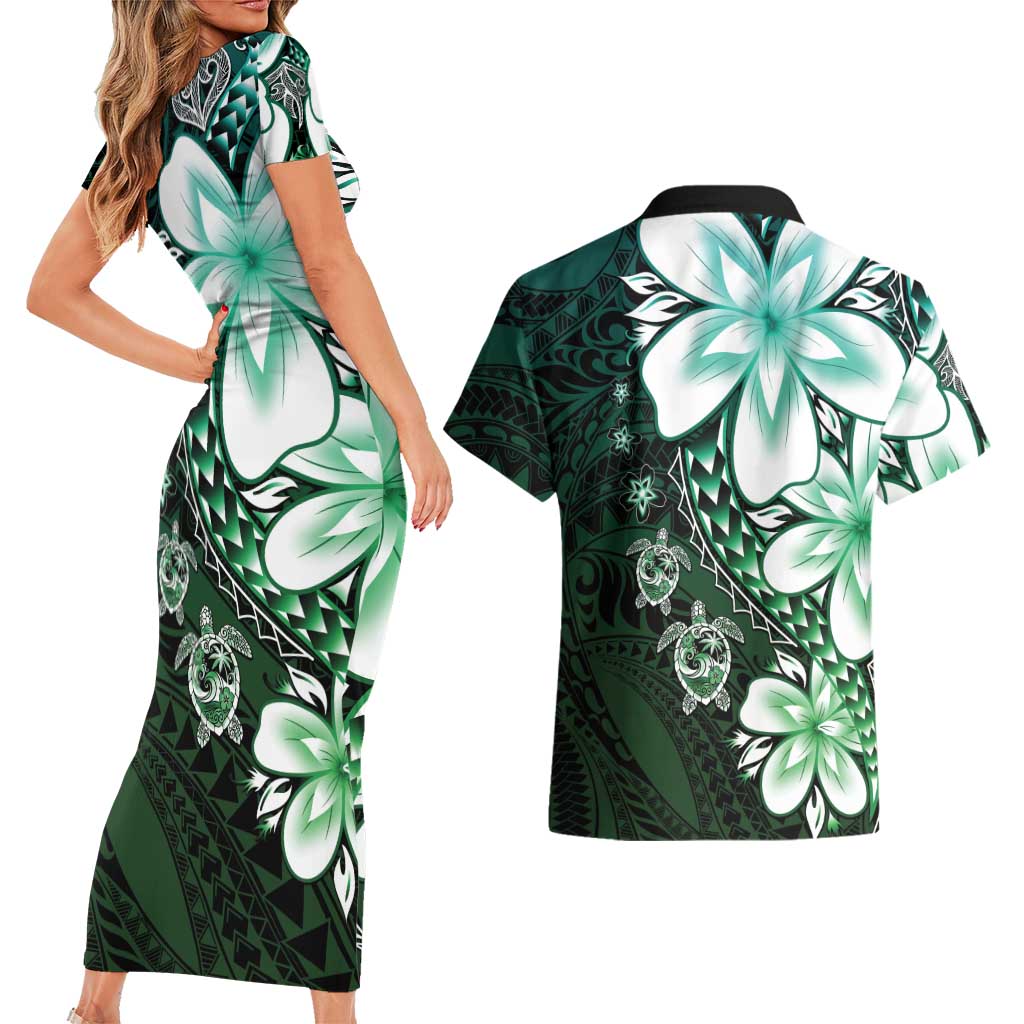 Polynesia Romantic Valentine Couples Matching Short Sleeve Bodycon Dress and Hawaiian Shirt Sea Turtle Couple With Aqua Gradient Plumeria LT05 - Polynesian Pride