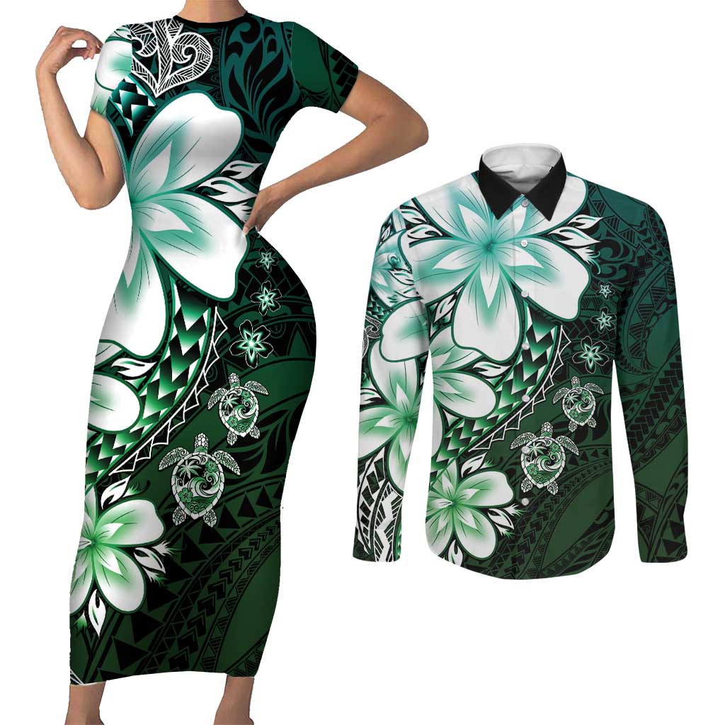 Polynesia Romantic Valentine Couples Matching Short Sleeve Bodycon Dress and Long Sleeve Button Shirt Sea Turtle Couple With Aqua Gradient Plumeria