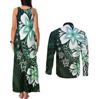 Polynesia Romantic Valentine Couples Matching Tank Maxi Dress and Long Sleeve Button Shirt Sea Turtle Couple With Aqua Gradient Plumeria