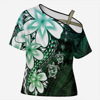 Polynesia Romantic Valentine Cross Shoulder Shirt Sea Turtle Couple With Aqua Gradient Plumeria