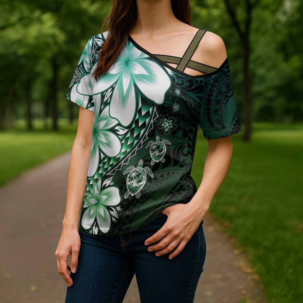 Polynesia Romantic Valentine Cross Shoulder Shirt Sea Turtle Couple With Aqua Gradient Plumeria