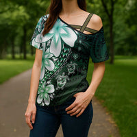 Polynesia Romantic Valentine Cross Shoulder Shirt Sea Turtle Couple With Aqua Gradient Plumeria