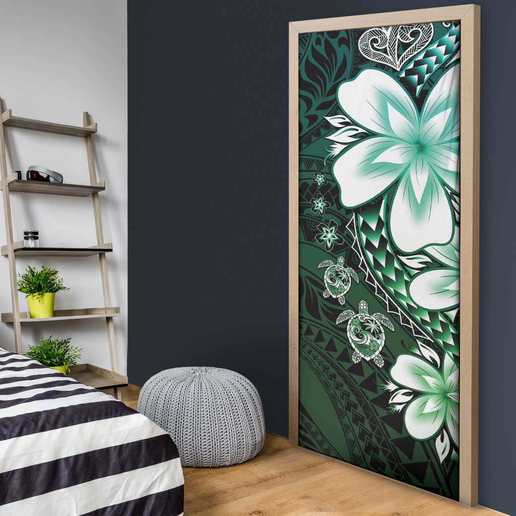 Polynesia Romantic Valentine Door Cover Sea Turtle Couple With Aqua Gradient Plumeria