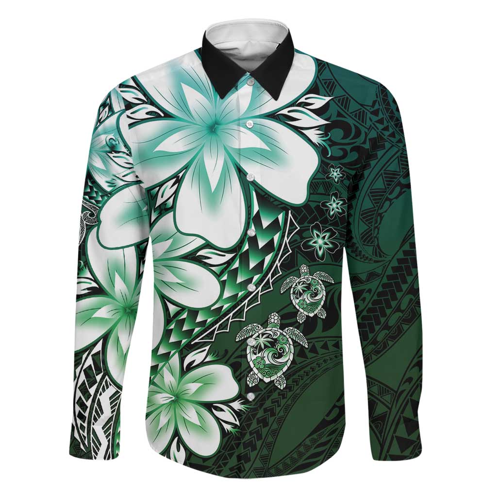 Polynesia Romantic Valentine Family Matching Off The Shoulder Long Sleeve Dress and Hawaiian Shirt Sea Turtle Couple With Aqua Gradient Plumeria LT05 Dad's Shirt - Long Sleeve Aqua - Polynesian Pride