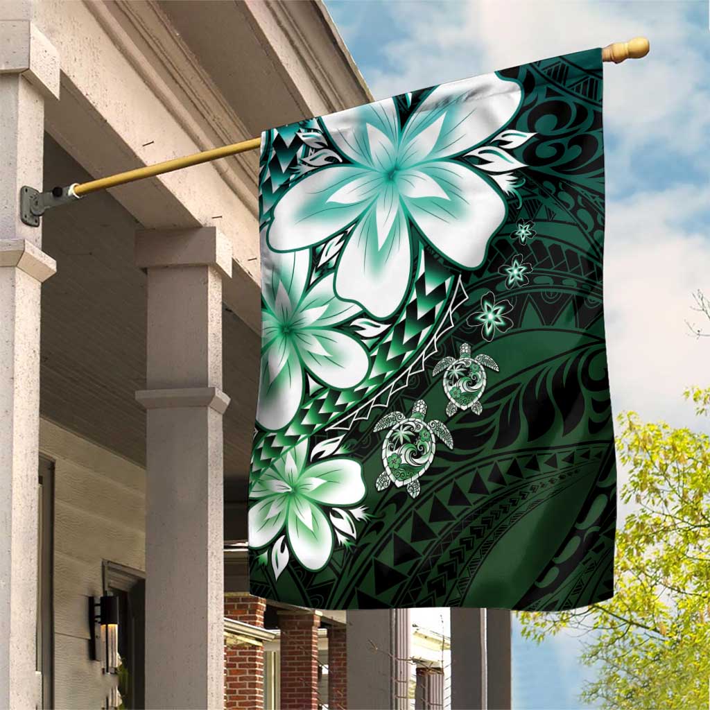 Polynesia Romantic Valentine Garden Flag Sea Turtle Couple With Aqua Gradient Plumeria